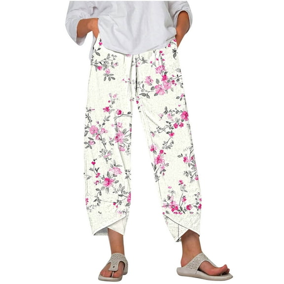Capris for Women Plus Size Casual Floral Print Harem Leg Capri Pants with Pocket Pull on Loose Summer Fashion Trousers, White, XXXXXL