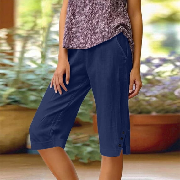 Capris for Women Plus Size Linen Summer Pants with Pockets Cotton Trousers for Women Ladies Summer Loose Slacks Navy 2XL