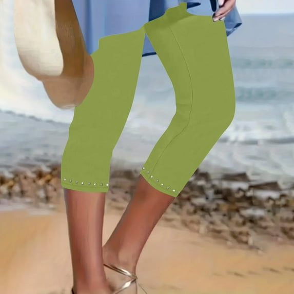 Capris for Women Plus Size Stretch Yoga Leggings Seamless Rhinestone Trim Cropped Workout Bottom