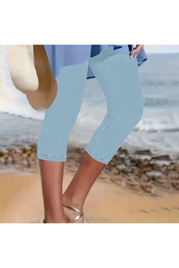 Capris for Women Plus Size Stretch Yoga Leggings Seamless Rhinestone Trim Cropped Workout Bottom