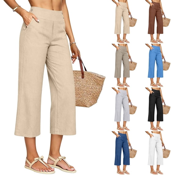 Capris for Women Plus Size Summer Wide Leg Linen Pants with Pockets Cotton Boho Loose Fit Dressy Womens Capri Beige S