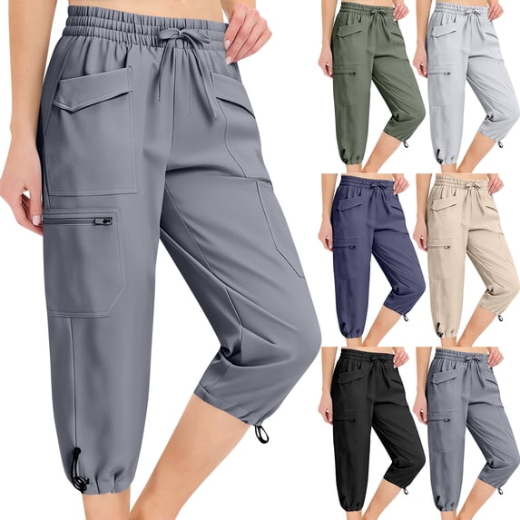 Capris for Women Quick Dry Elastic Waist Straight Leg with 6 Pockets Lightweight Casual Summer Hiking Pants, XL