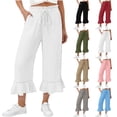 thumbnail image 1 of Capris for Women, Ruffle Hem Drawstring Elastic Waist Wide Leg Capri Pants, Summer Casual Cropped Trousers with Pockets, 1 of 7