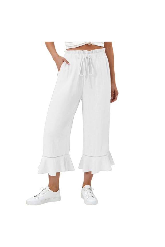 Capris for Women, Ruffle Hem Drawstring Elastic Waist Wide Leg Capri Pants, Summer Casual Cropped Trousers with Pockets