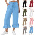 thumbnail image 1 of Capris for Women, Ruffle Hem Drawstring Elastic Waist Wide Leg Capri Pants, Summer Casual Cropped Trousers with Pockets, 1 of 7