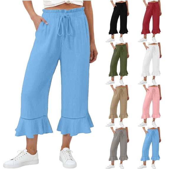 Capris for Women, Ruffle Hem Drawstring Elastic Waist Wide Leg Capri Pants, Summer Casual Cropped Trousers with Pockets