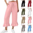 thumbnail image 1 of Capris for Women, Ruffle Hem Drawstring Elastic Waist Wide Leg Capri Pants, Summer Casual Cropped Trousers with Pockets, 1 of 7