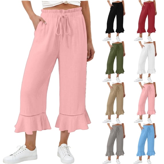 Capris for Women, Ruffle Hem Drawstring Elastic Waist Wide Leg Capri Pants, Summer Casual Cropped Trousers with Pockets