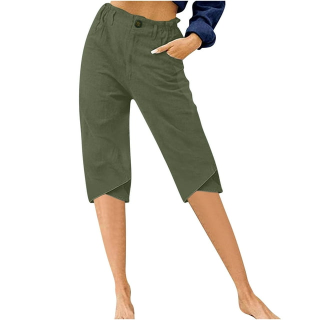 Capris for Women Summer Casual Elastic High Waist Linen Pants with ...