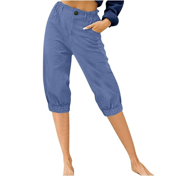 Capris for Women Summer Casual Elastic High Waist Linen Pants with Pockets Wide Cropped Leg Loose Trousers 2025 Blue,L