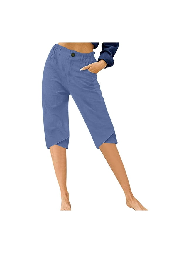 Capris for Women Summer Casual Elastic High Waist Linen Pants with Pockets Wide Cropped Leg Loose Trousers 2025 Blue,M