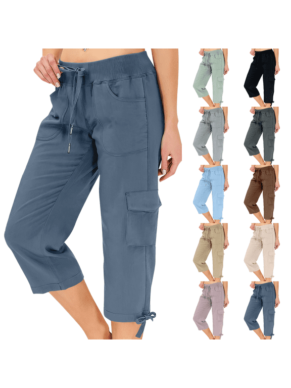 Capris for Women Summer Petite Quick Dry Cargo Capri Pants with Pockets Drawstring Cargo Pants Outdoor Golf Hiking Pants Pull On Royal Blue S