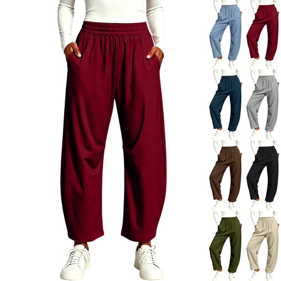 Capris for Women With Pockets Dqueduo Women's High-Waisted Elastic Waist Pocket Pants – Casual Straight-Leg Trousers Wine M