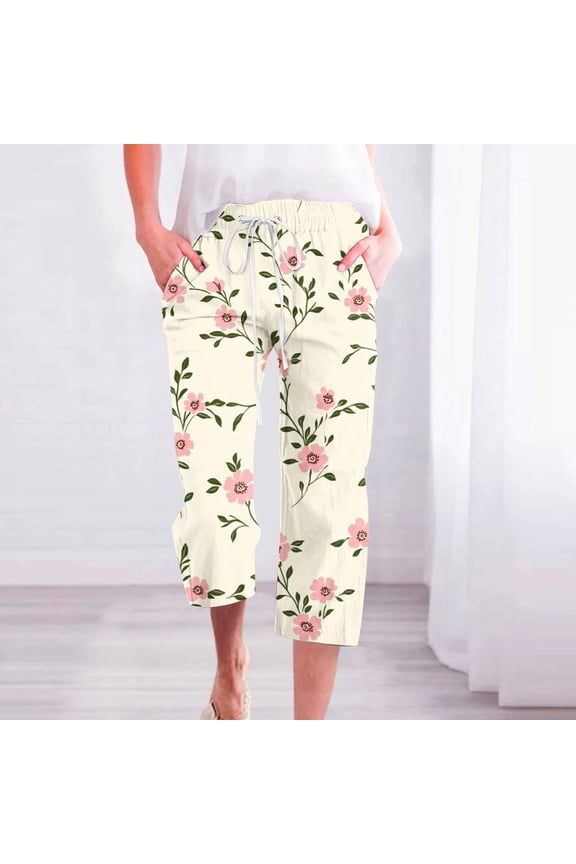 Capris for Women With Pockets Flowers Clearance Under $10 Fragrant Linen Gradient Printed Loose Fashionable Drawstring Pants Cropped Pants
