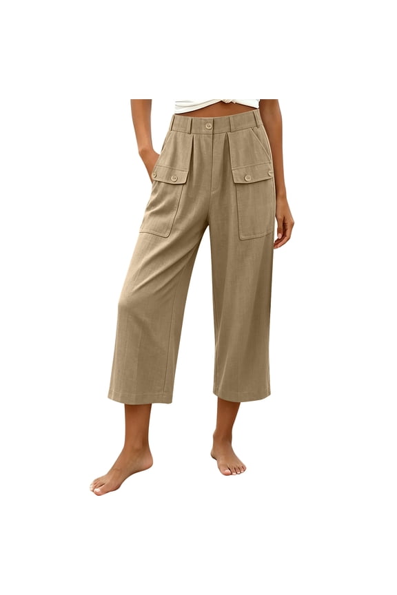 Capris for Women with Pockets Cotton Linen High Waisted Pants Petite Button Decorated Dressy Casual Cropped Pant Khaki S