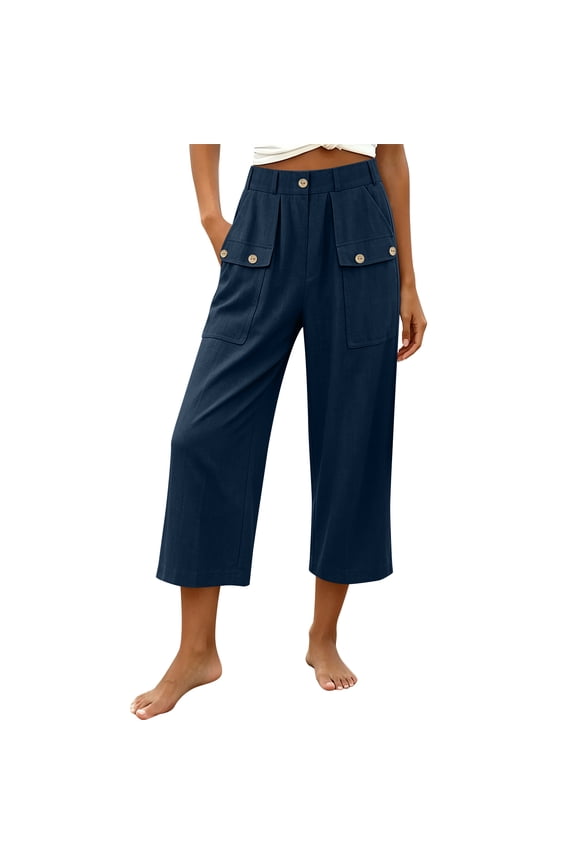 Capris for Women with Pockets Cotton Linen High Waisted Pants Petite Button Decorated Dressy Casual Cropped Pant Navy S