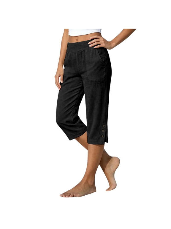 Capris for Women with Pockets Cotton Linen Pedal Pushers,XL