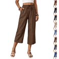 thumbnail image 1 of Capris for Women with Pockets Petite Pants Drawstring Casual Pull on Palazzo Trousers with Pockets Loose High Waisted Wide Leg Lounge Pants Brown XL, 1 of 9