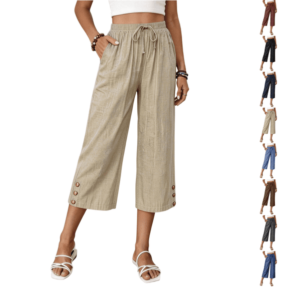 Capris for Women with Pockets Petite Pants Drawstring Casual Pull on Palazzo Trousers with Pockets Loose High Waisted Wide Leg Lounge Pants Khaki M