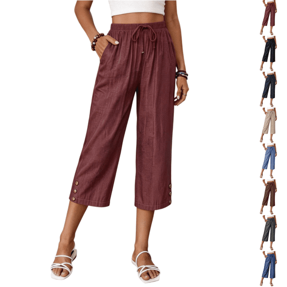 Capris for Women with Pockets Petite Pants Drawstring Casual Pull on Palazzo Trousers with Pockets Loose High Waisted Wide Leg Lounge Pants Red 2XL
