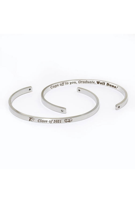 "Caps off to you…" Silver Stainless Steel Graduation Theme Hidden Message Gift for Her Cuff Bracelet with Gift Set