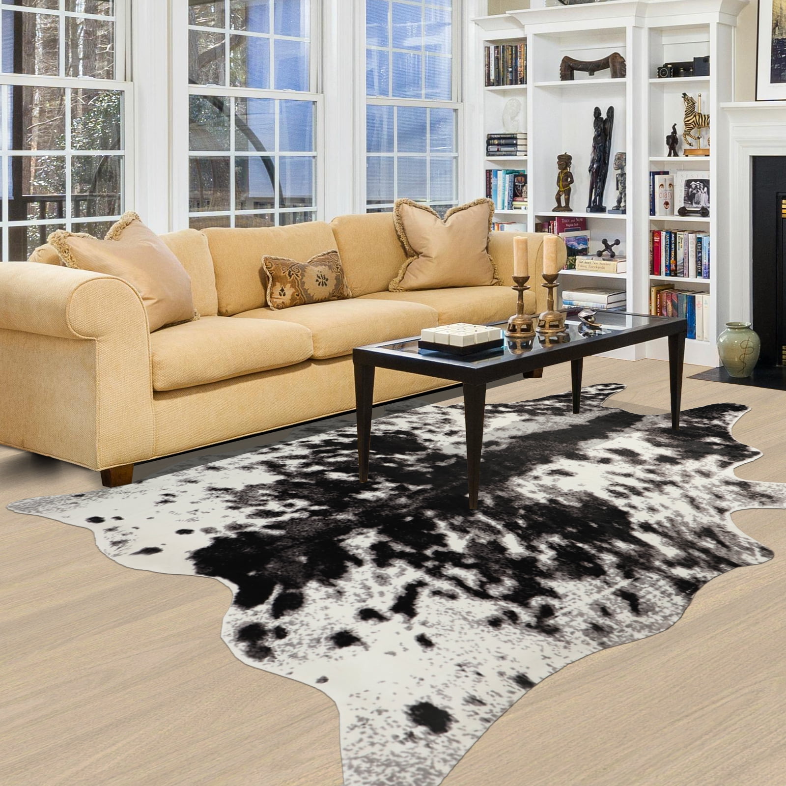 Capslpad Faux Cowhide Area Rug Extra Large Cow Print Rugs 5.2' x 6.6' Non-Slip Animal Hide Rug Carpet for Bedroom Living Room Western Home Office Decor (Black/Grey/White)