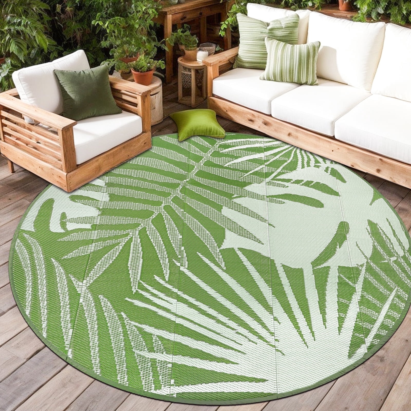 Capslpad Reversible Round Outdoor Rug 6Ft Waterproof Plastic Straw ...