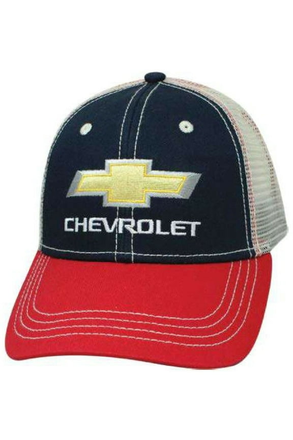 Mens Adjustable Chevrolet Embroidered Logo Trucker Hat (Blue/Red/Tan)