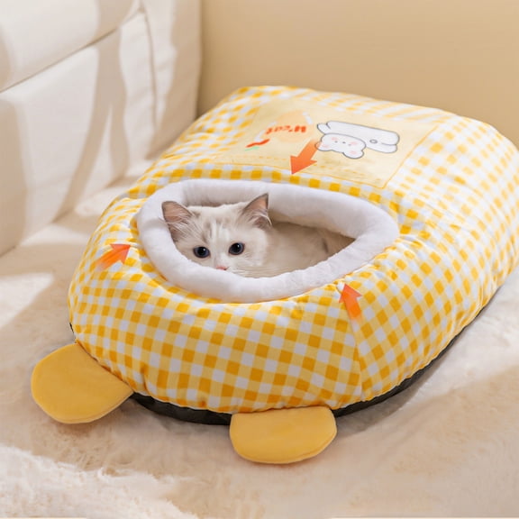 Capsule Pet Bed Warm Enclosed Sleeping Bag,Soft Foldable Cat Dog House with Cushion for Indoor Winter Use Bedroom Living Room Cozy Resting Spot(Yellow)