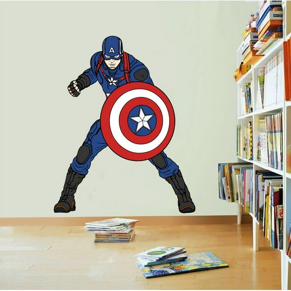 Captain America The Avengers Cartoon Character Wall Decal Vinyl Sticker Art Home Decor Sticker Vinyl Mural Baby Kids Room Bedroom Nursery Kindergarten School House Design Peel and Stick 40x20 inch
