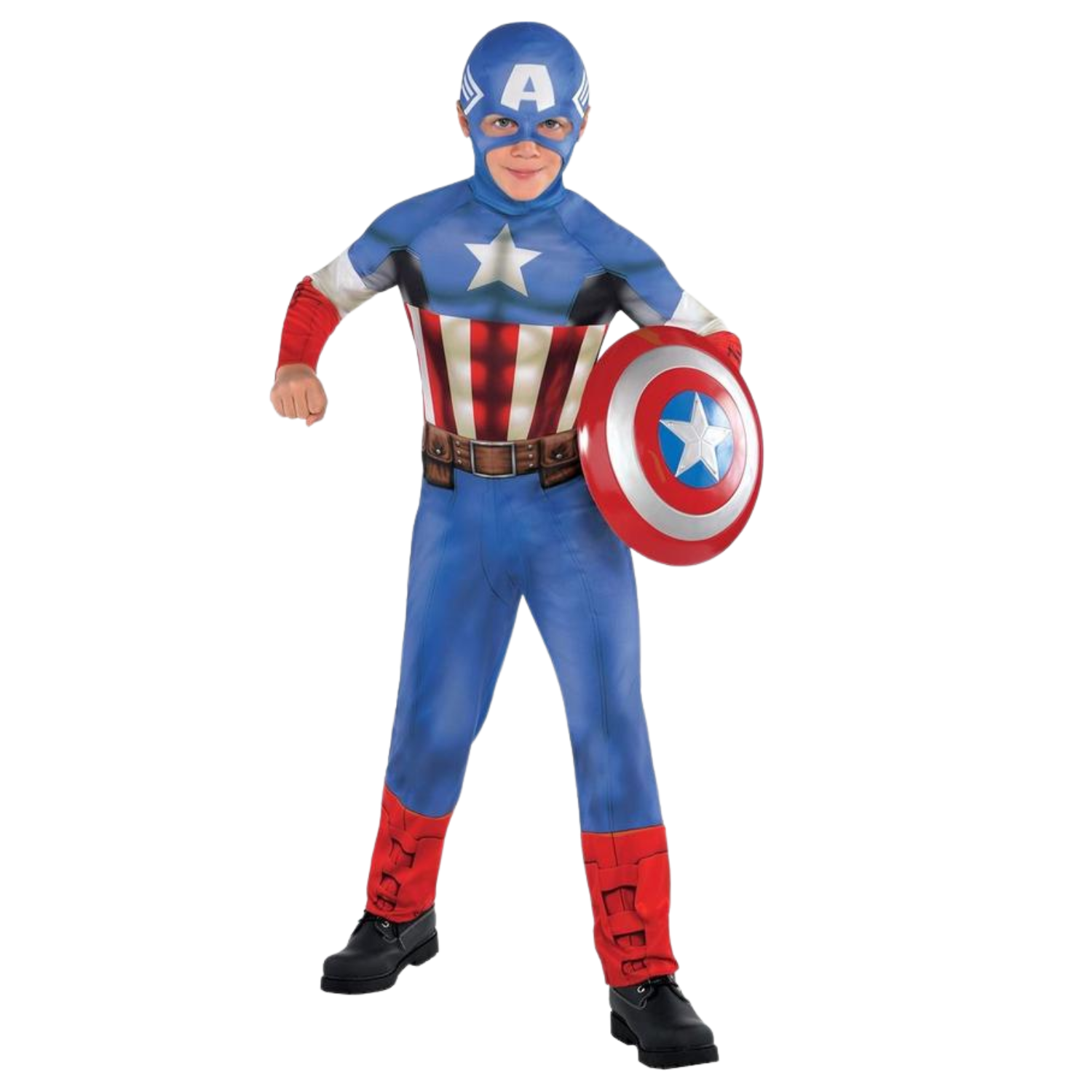 Captain America Classic Costume for Kids Boys Toddlers Red Blue Jumpsuit  with Hooded Half Mask  Belt Outfit Pretend Play Dress Up for Halloween  Christmas Birthday Cosplay Props (Large 12-14)