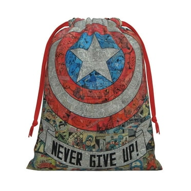 Captain America Logo Never Give Up! Gift Bags,Christmas Gift Bags,Drawstring Christmas Bags,Reusable Holiday Gift Bags & Party Favor Bags,10.6x7.9in