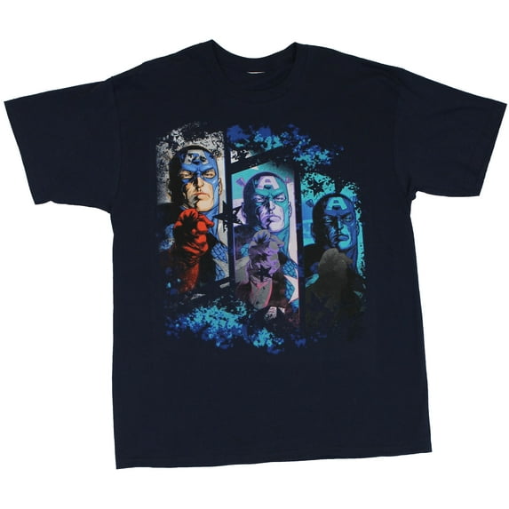Captain America (Marvel Comics) Mens T-Shirt - 3 Face Repeated Cap Face Image (Medium)