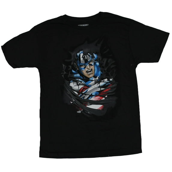 Captain America (Marvel Comics) Mens T-Shirt - Cap Ripping Through (Small)