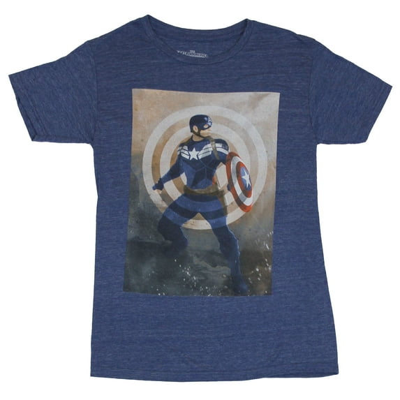 Captain America (Marvel Comics) Mens T-Shirt - Movie Style Cap Under Faded Logo (Small)