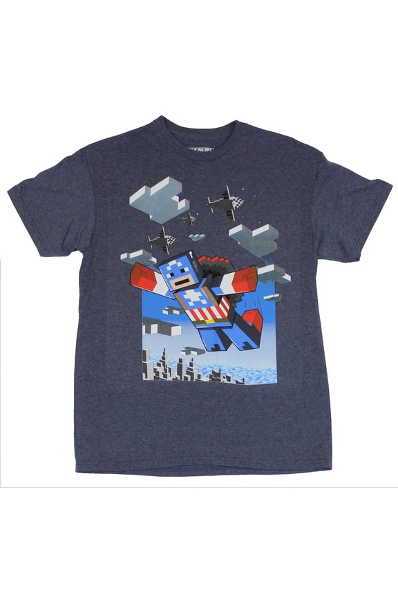 Captain America (Marvel Comics) Mens T-Shirt - Parachuting Pixel Block Cap Image (X-Large)