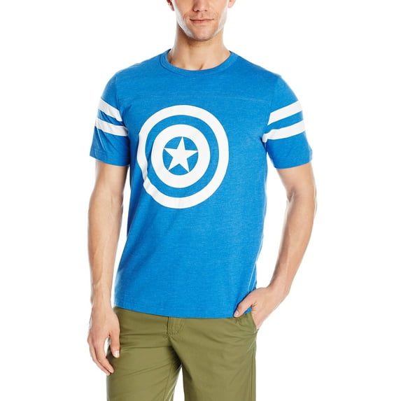 Captain America (Marvel Comics) Mens T-Shirt -Striped Sleeves Simple White Shield Logo