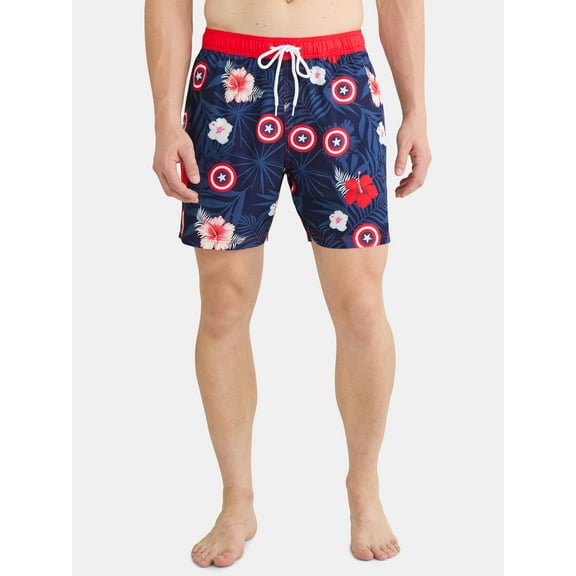 Captain America Men's & Big Men's Graphic Swim Shorts, Flower & Shields, Sizes S-3XL