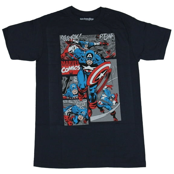 Captain America Mens T-Shirt -  Rushing In Over Multiple Battle Panels Image (Small)