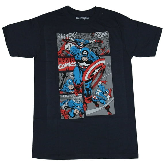 Captain America Mens T-Shirt - Rushing In Over Multiple Battle Panels Image (Small)