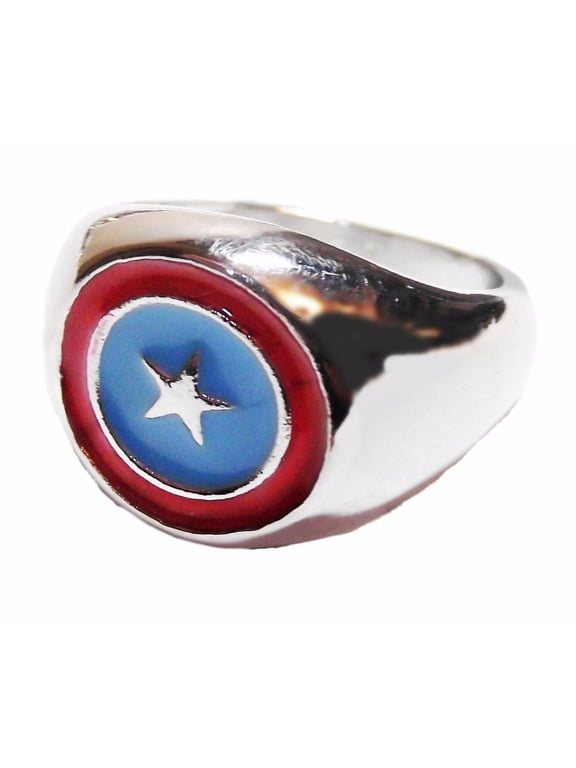 Captain America Shield Logo Silvertone/Enamel Ring - Size 8