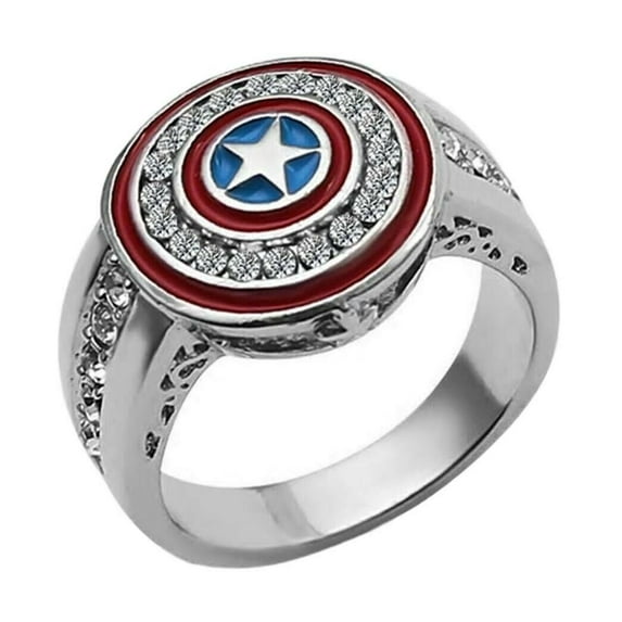 Captain America Shield Logo With Rhinestones Stainless Steel Band Ring Size 10