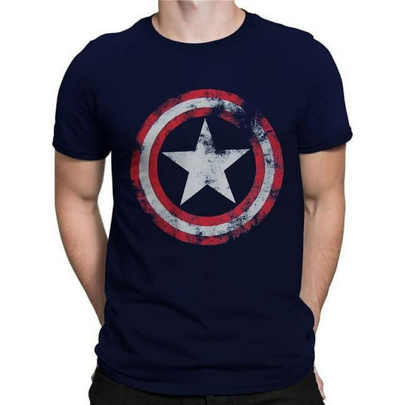 Captain America tscapdistshieldXXXL Captain America Distressed Shield Navy T-Shirt - 3XL