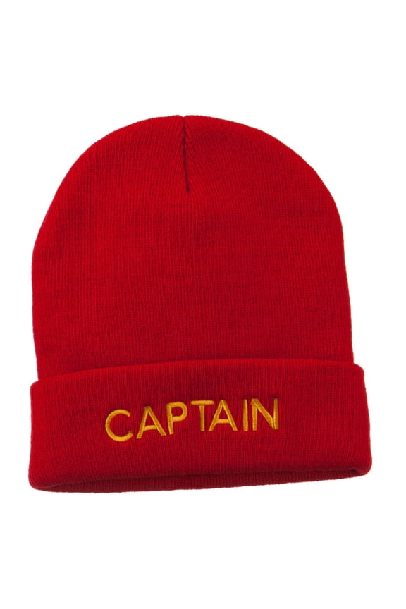 Captain Embroidered Cuff Long Beanie - Red OSFM