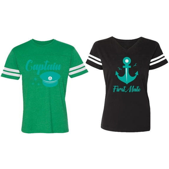 Captain First Mate Matching Couple Cotton Jerseys (Men Green / Women Black) (Men S / Women S)