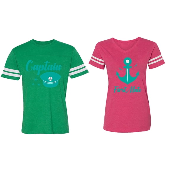 Captain First Mate Matching Couple Cotton Jerseys (Men Green / Women Pink) (Men L / Women S)