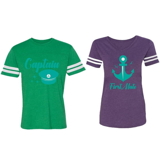Captain First Mate Matching Couple Cotton Jerseys (Men Green / Women Purple) (Men S / Women XXL)