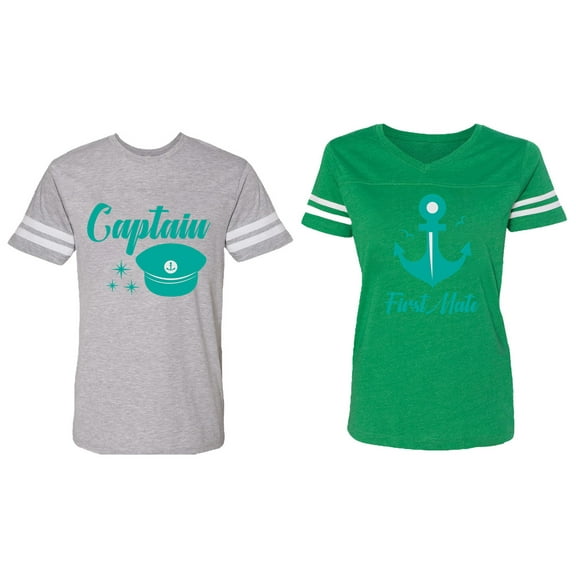 Captain First Mate Matching Couple Cotton Jerseys (Men Heather / Women Green) (Men S / Women XL)