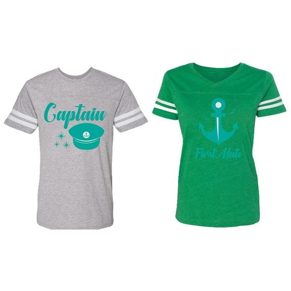 Captain First Mate Matching Couple Cotton Jerseys (Men Heather / Women Green) (Men XXL / Women XXL)