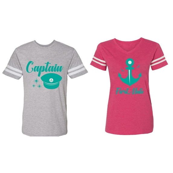 Captain First Mate Matching Couple Cotton Jerseys (Men Heather / Women Pink) (Men XXL / Women XL)